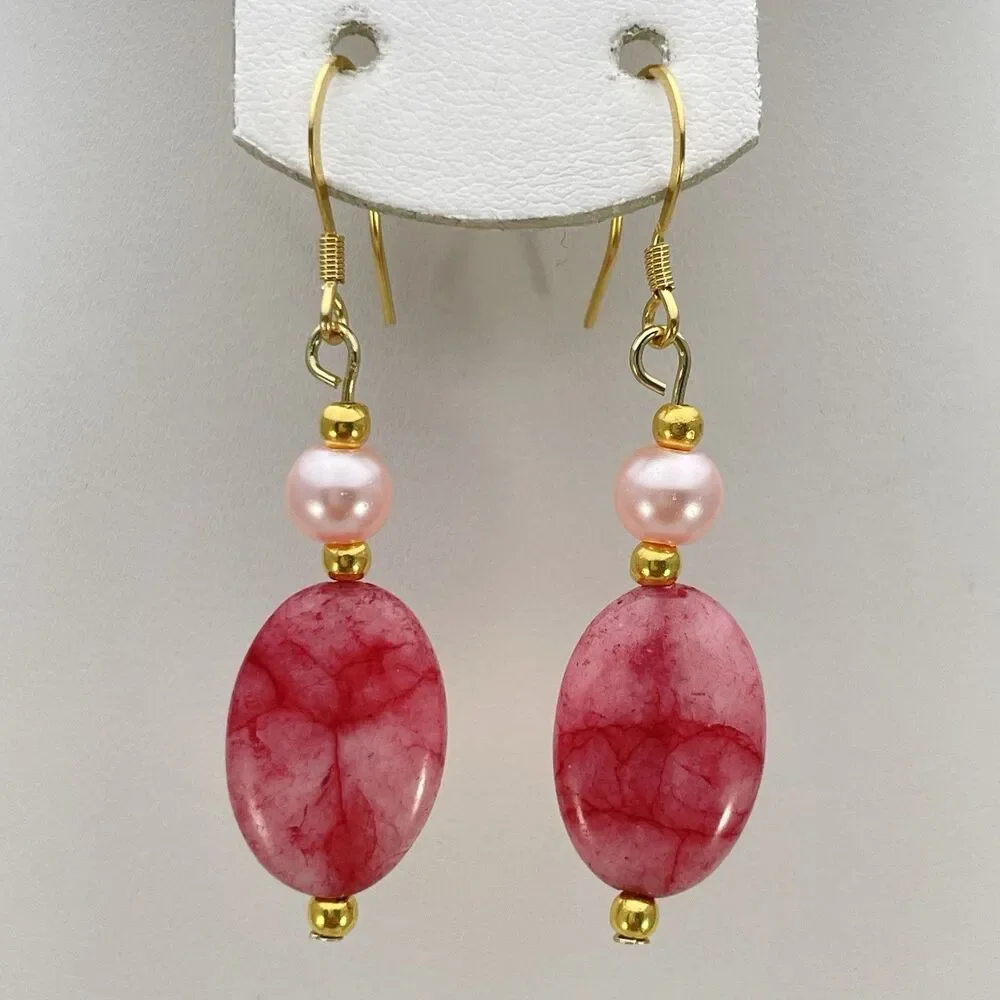 18K Gold Plated Pink Quartz Pink Glass Pearl Beaded Dangle Earrings Boho Cute
